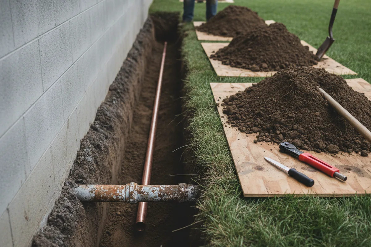 Excavated water line trench during Water Heater Repair in Tomkins Cove